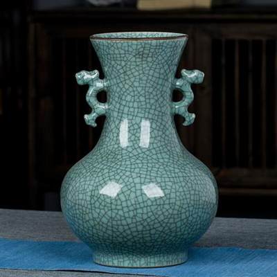 雅成陶瓷 景德镇陶瓷器中式仿古开片官窑双耳花瓶 家居客厅装饰品