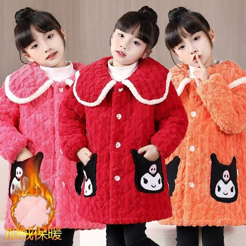 冬季女童加绒加厚罩衣可外睡衣夹棉家居服中长款棉衣棉袄中大童