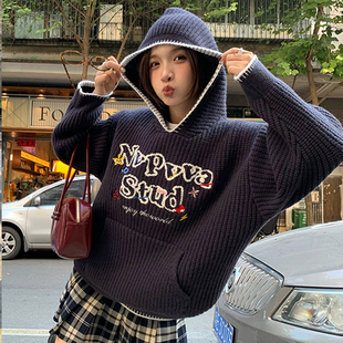 菠萝纹logo米粒绣毛衣慵懒感韩系华夫格情侣帽衫 NVPVVA 秋冬新款