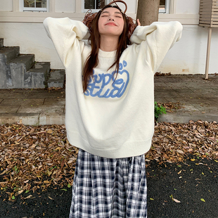 NVPVVA 韩系百搭爱心毛巾绣圆领毛衣秋冬新款宽松慵懒风针织上衣