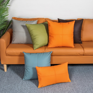 轻奢仿牛皮十字拼接橙色皮抱枕纳帕仿真皮沙发抱枕pu皮靠垫皮靠枕