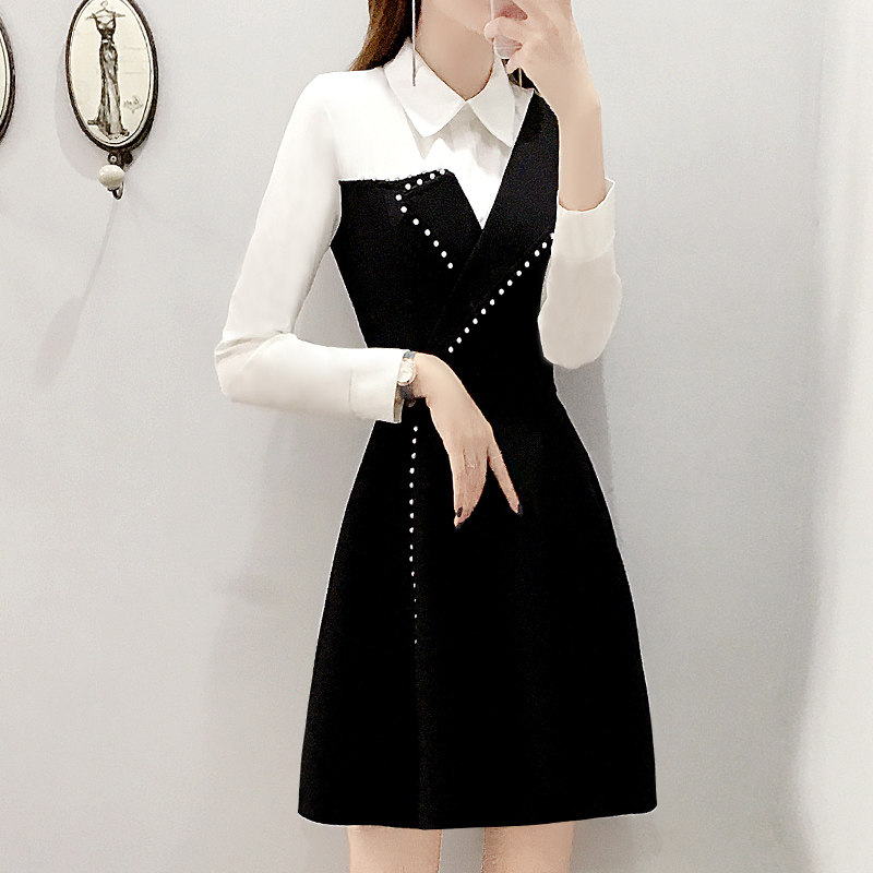 黑白拼接假兩件連衣裙顯瘦a字裙女秋裝2022新款韓版收腰小黑裙子在類目 女裝/女士精品, 連衣裙中 - 來自Buy2taobao.com提供專業的淘寶代購服務