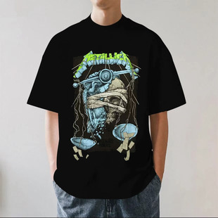 Metallica金属乐队欧美嘻哈摇滚夏季落肩重磅男女纯棉短袖T恤宽松