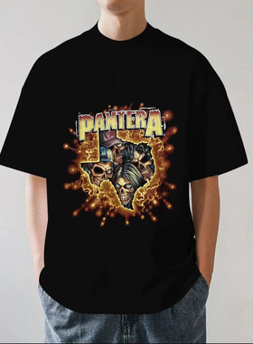 Pantera潘多拉乐队火焰字母欧美金属摇滚重磅280g纯棉短袖T恤宽松