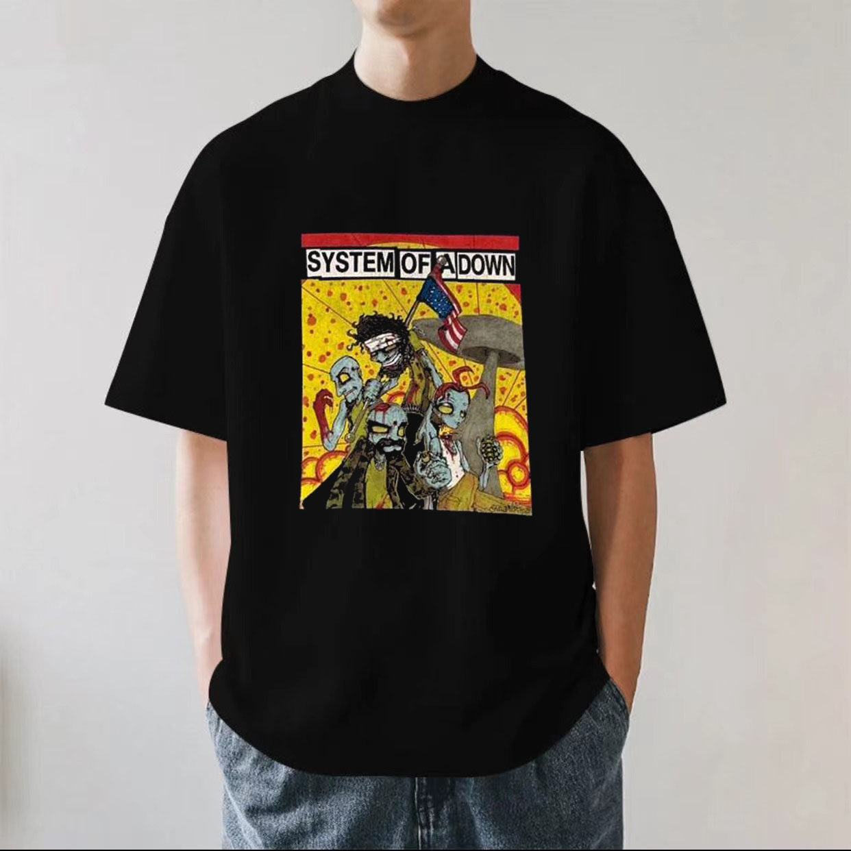 System Of A Down摇滚乐队金属vtg高街重磅280g纯棉男短袖T恤宽松