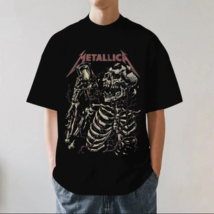 Metallica金属乐队男女短袖T恤复古黑重金属摇滚短袖美式纯棉个性