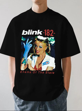 Blink-182乐队美式嘻哈复古摇滚朋克重磅夏季280g纯棉短袖T恤宽松
