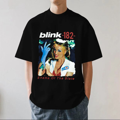 Blink-182乐队美式嘻哈复古摇滚朋克重磅夏季280g纯棉短袖T恤宽松