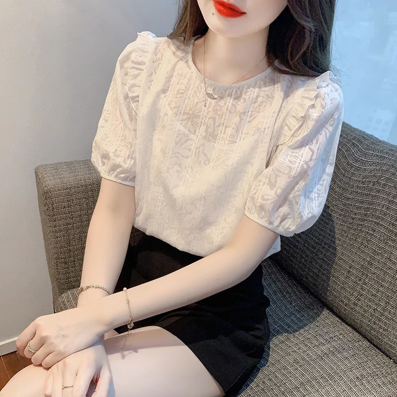 雪纺衬衫女夏季2025新款韩版宽松显瘦洋气时尚圆领法式气质上衣女