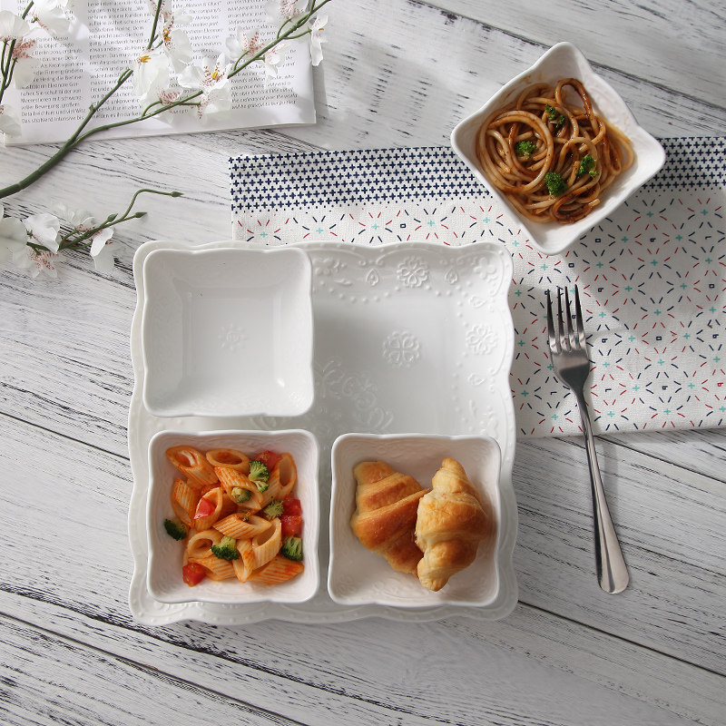 欧式浮雕果盘纯白色西餐盘陶瓷四方碗甜品碗点心碗点心盘餐具套装