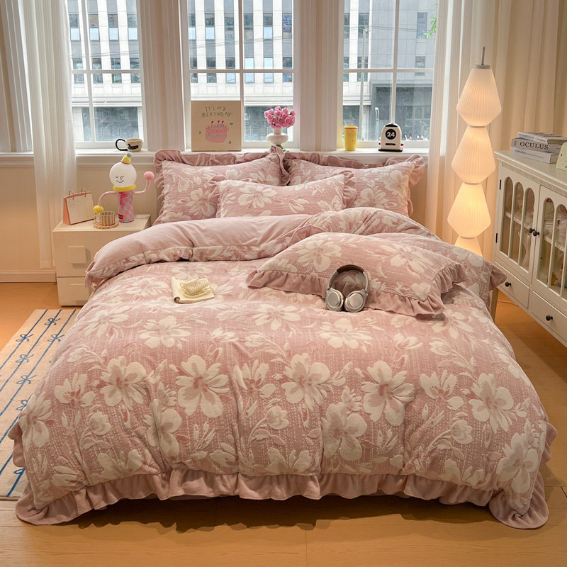 牛奶绒四件套加厚双面法兰绒冬季保暖床单被套加绒雕花韩式花边款,床上用品,床品套件/四件套/多件套,淘宝优惠券,粉丝福利购,淘宝优惠卷