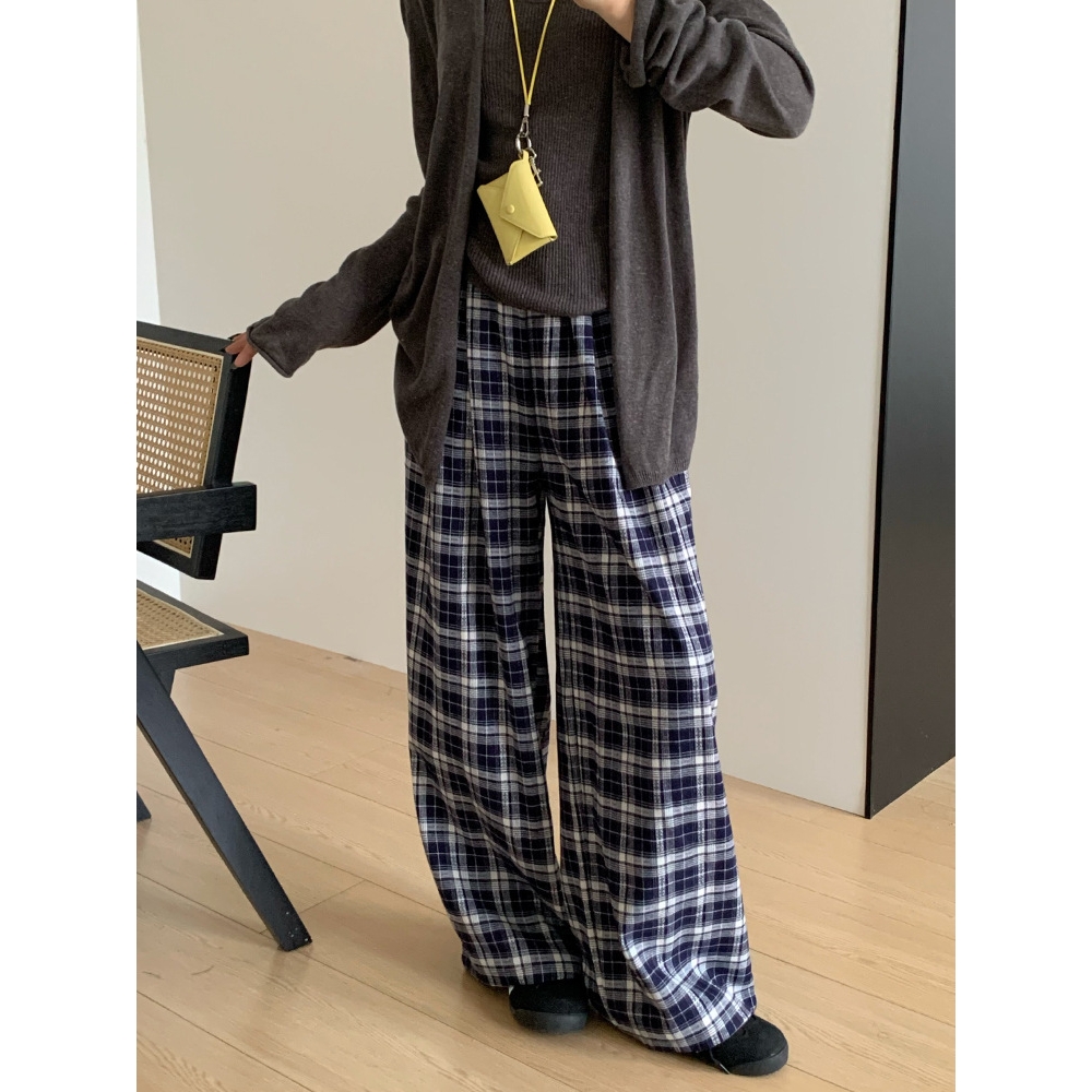 磨毛格子山本裤女春秋新款慵懒高腰直筒显瘦百搭拖地休闲阔腿长裤