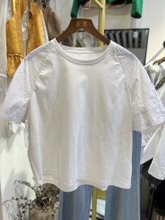 轻奢欧货原创设计宽松百搭圆领拼接袖 T恤女上衣 短袖