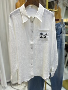 轻奢欧货原创设计宽松百搭翻领长袖 女上衣 刺绣小狗亚麻衬衫