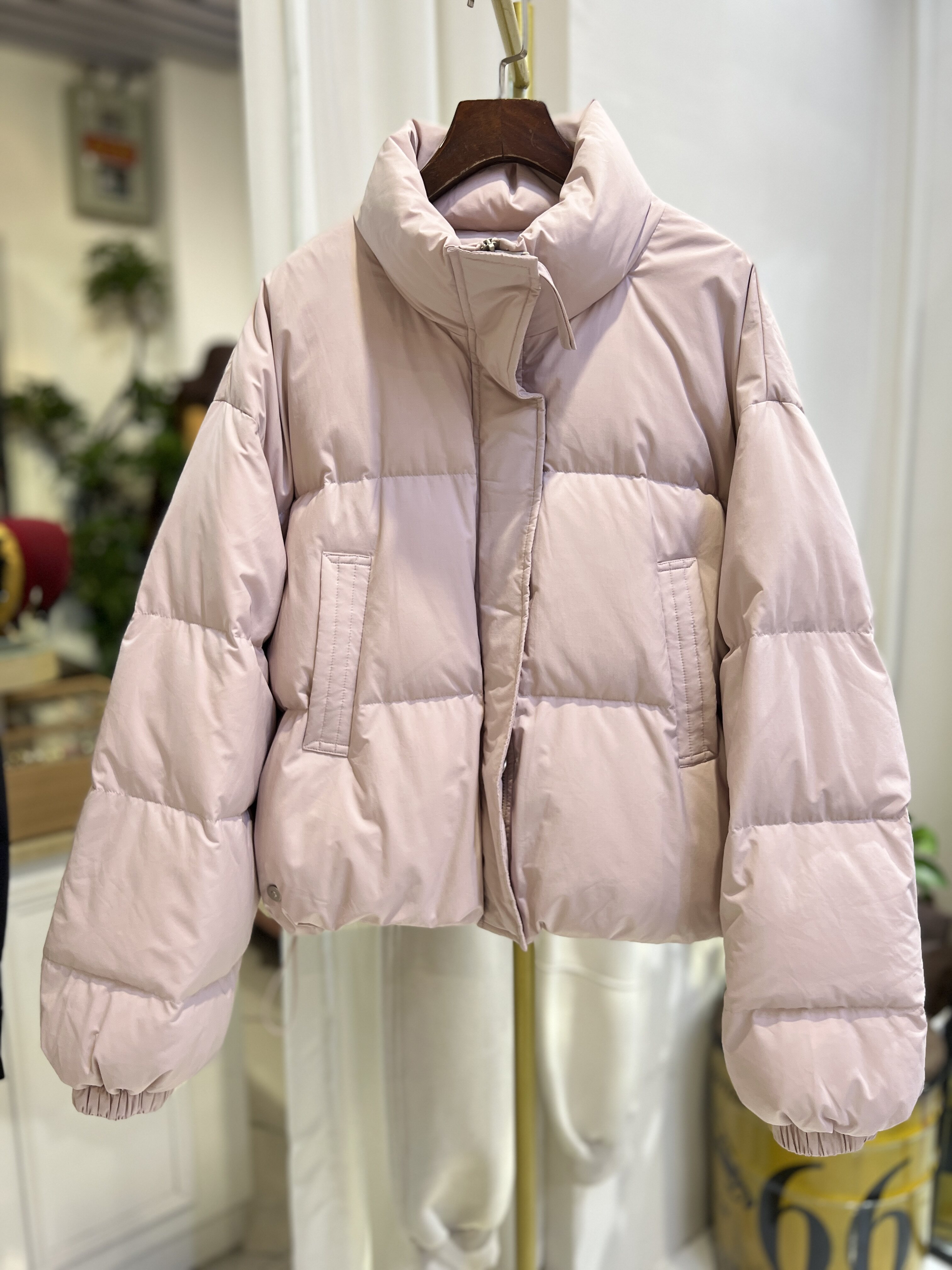 轻奢欧货设计女装长袖短款淡粉色立领羽绒服外套女面包服轻暖