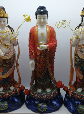 订做各种西方三圣汉白玉古彩站像摆件 阿弥陀佛 观世音大势至菩萨
