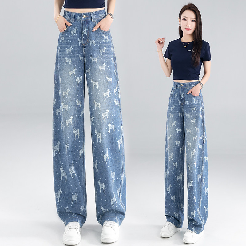 时尚印花弯刀牛仔裤女2026春夏新款薄款宽松垂感休闲百搭阔腿裤子