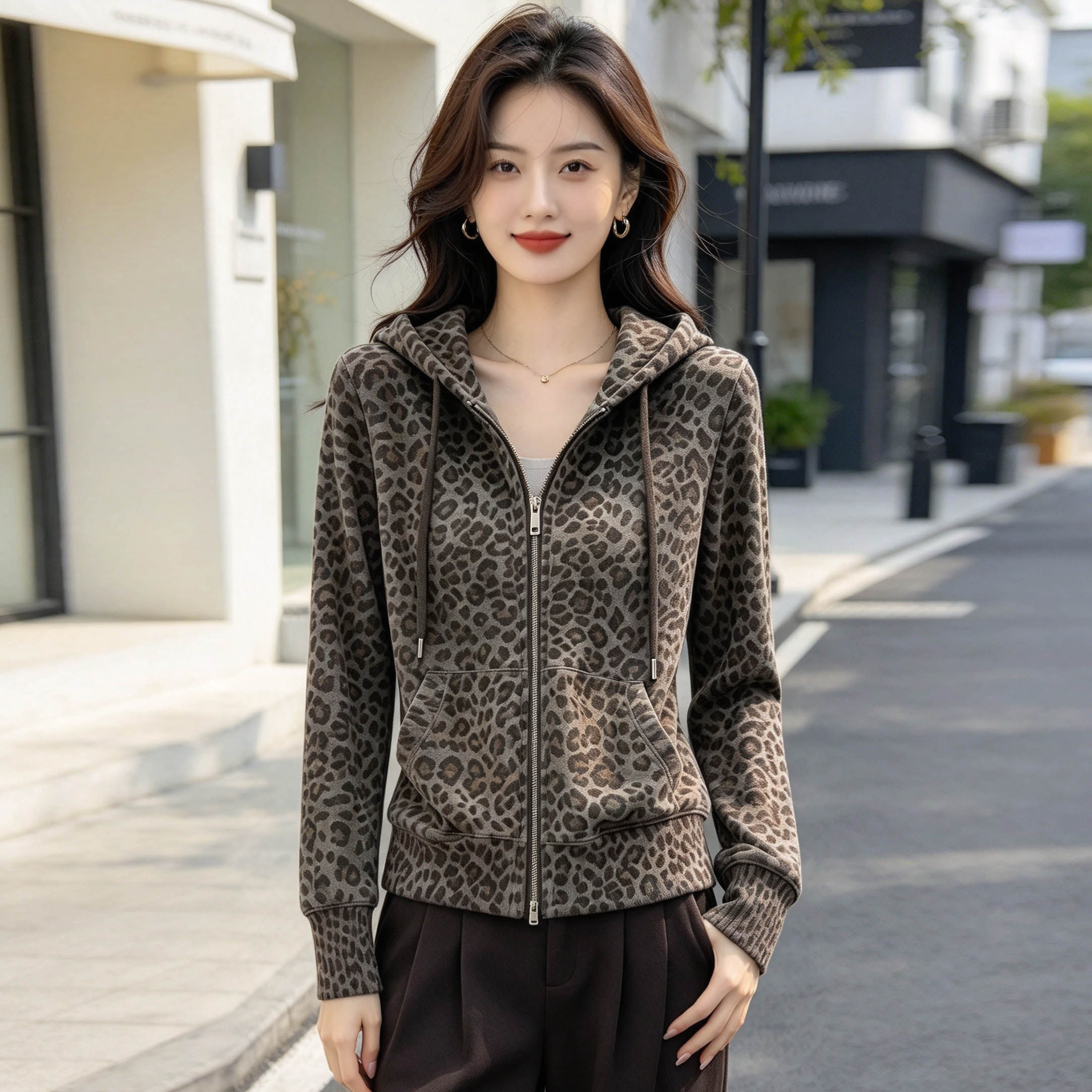 豹纹连帽拉链开衫短外套女