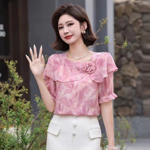 粉色短袖漂亮雪纺衫女夏2025新款宽松碎花上衣减龄洋气荷叶边小衫