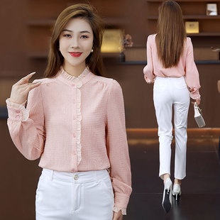 木耳边长袖衬衫女春款2026新款时尚洋气小衫减龄显瘦女士粉色上衣