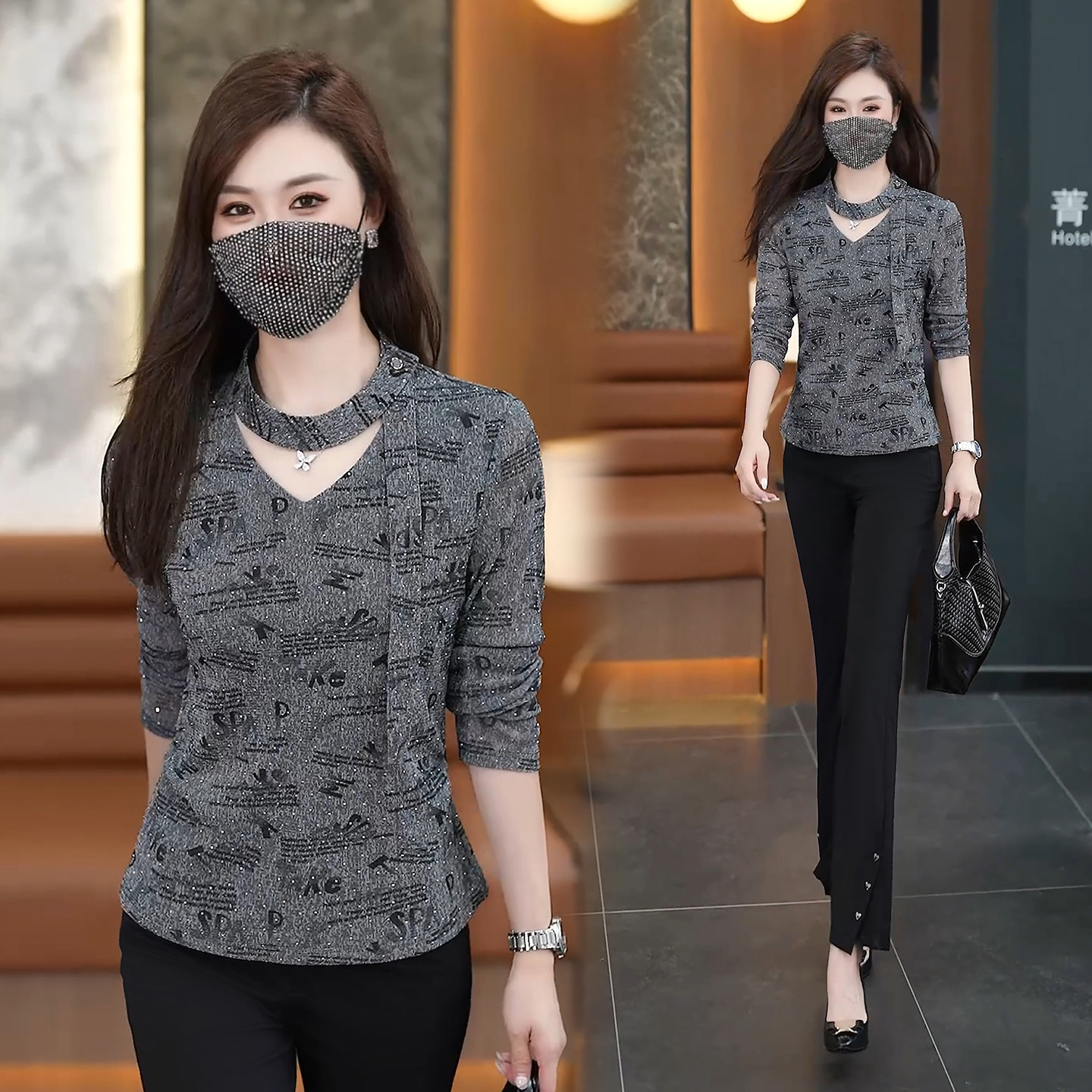 秋季灰色针织长袖t恤女2026新款