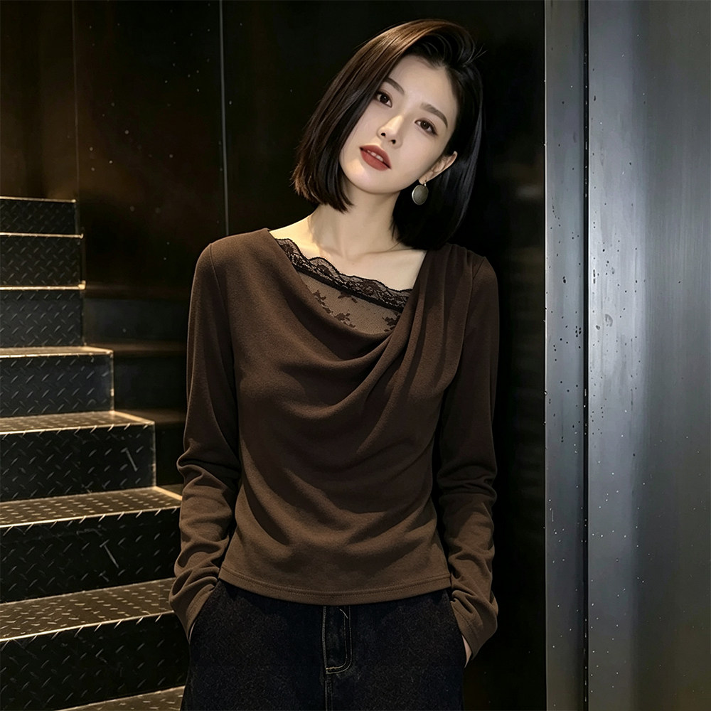 法式轻熟风荡领蕾丝长袖T恤女
