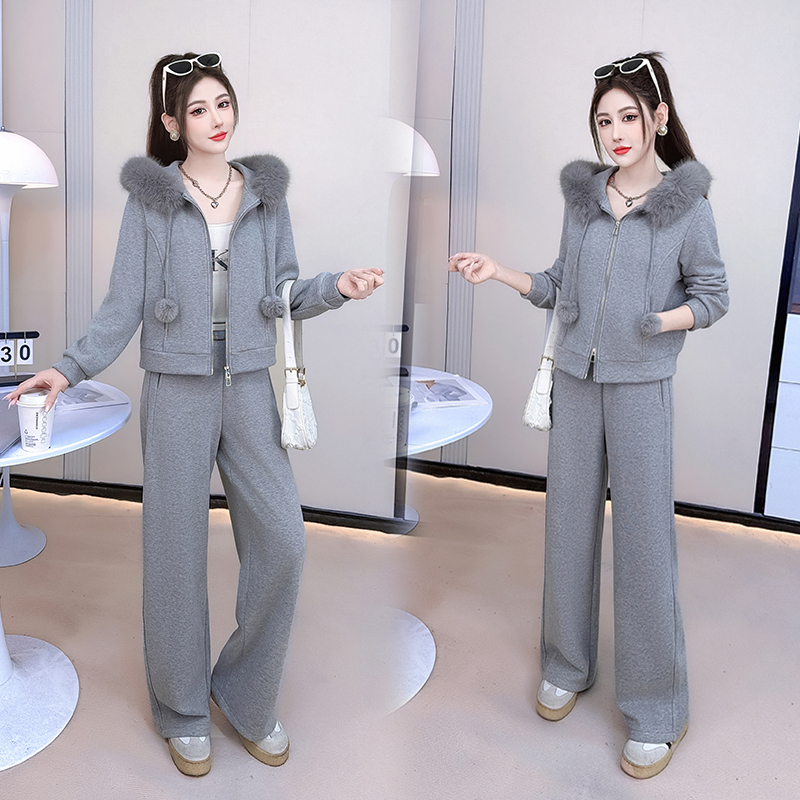 加绒加厚休闲运动套装女冬2025新款宽松保暖连帽外套阔腿裤两件套