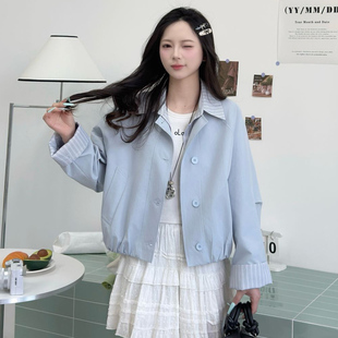 短款假两件夹克外套女春款2026新款女装宽松百搭蓝色休闲女士上衣
