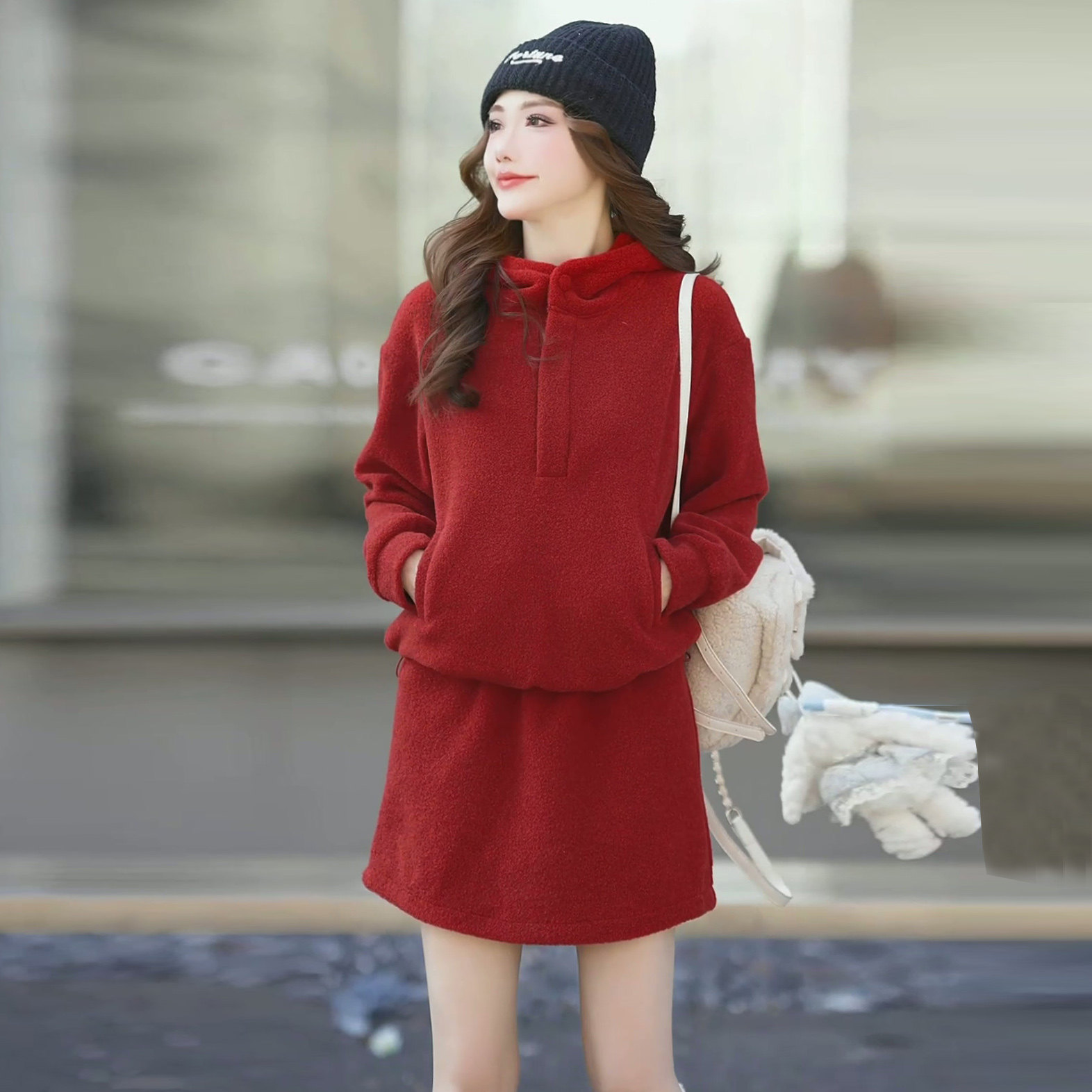 红色连帽卫衣套装女装冬季加绒加厚高级感显瘦两件套时尚休闲套裙,女装/女士精品,时尚套装,淘宝优惠券,粉丝福利购,淘宝优惠卷