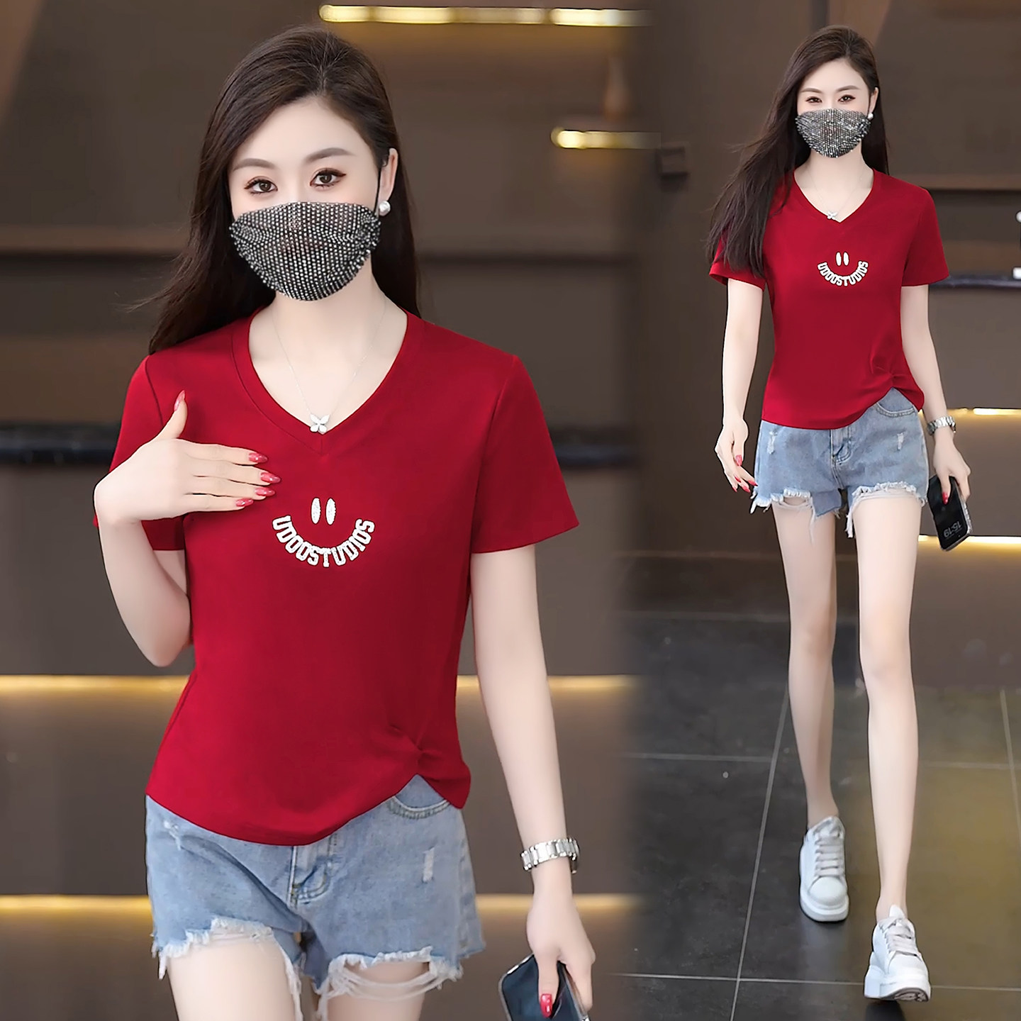红色不规则短袖t恤女2026新款