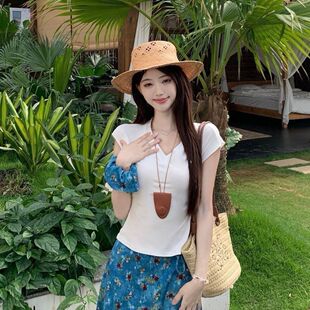 显瘦V领正肩短袖 修身 T恤两件套 蓝色碎花油画系带半身裙女夏季 新款