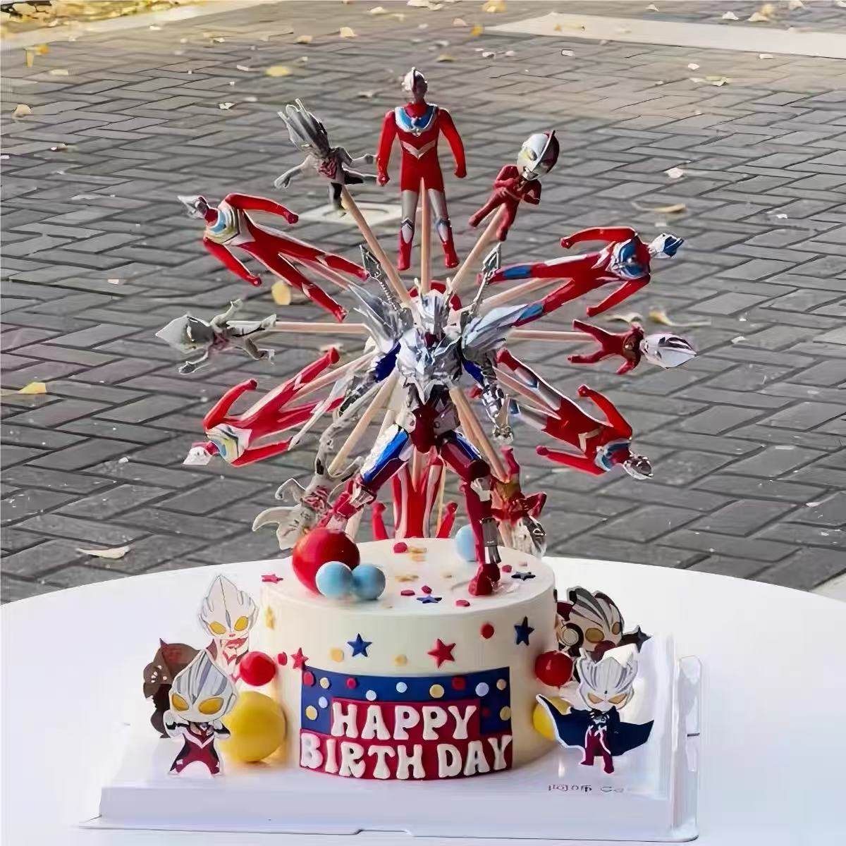 网红卡通奥特曼终极赛罗机甲蛋糕装饰摆件男孩生日旋转摩天轮插件