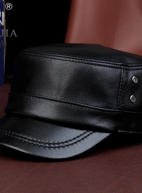 5公分山羊皮短沿皮帽子羊皮秋冬男士鸭舌帽中老年冬季保暖平顶帽
