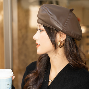 羊皮贝雷帽真皮大头围画家帽 蓓蕾秋冬季百搭皮帽子女气质新款