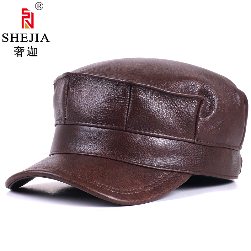 牛皮八角男士帅气中年护耳平顶帽