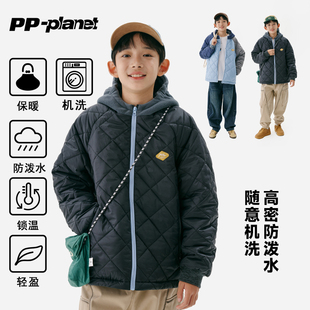 PP星球原创男童冬款撞色连帽款菱格绗棉服儿童保暖外套中大童棉衣