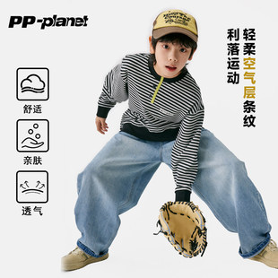 PP星球原创男童春新款轻柔空气层黑白条纹T恤中大童上衣儿童百搭t