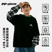 PP星球原创男童秋冬款 格纹假两件卫衣中大童连帽外套 7A抗菌