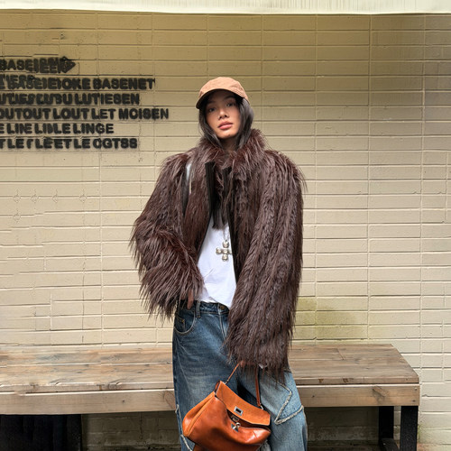 【金靖同款】LEDIM WANG都市老钱仿皮草外套女立领25冬新款咖色