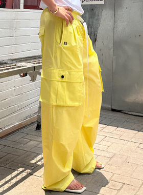 LEDIM WANG【红标系列】多口袋松紧工装裤女秋黄色阔腿裤2025新款
