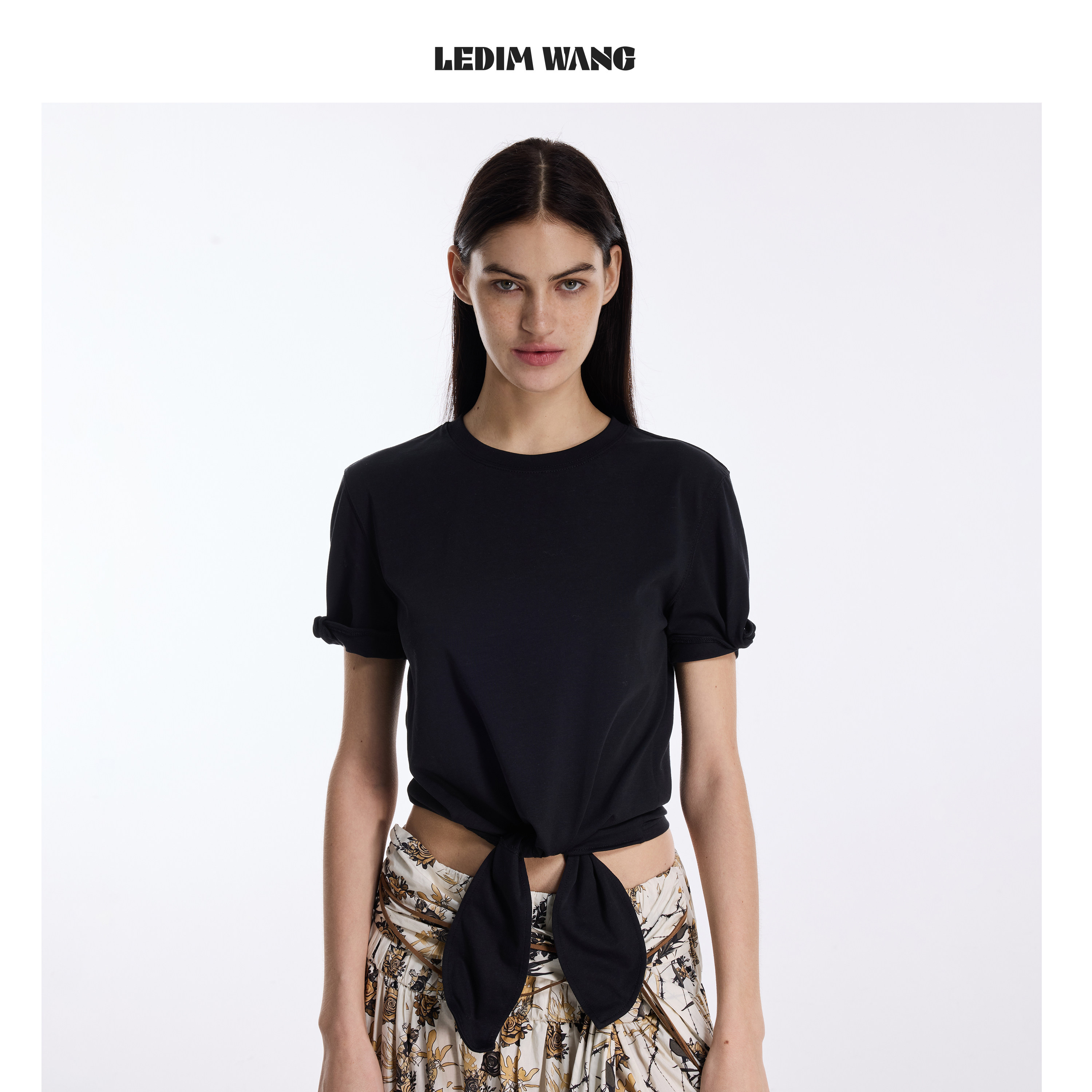 LEDIM WANG街头辣妹系带黑色T恤女软钢丝直筒短袖上衣26春夏新款