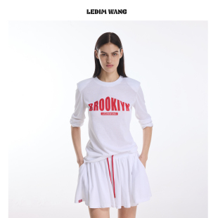 上衣2026春夏新款 LEDIM T恤女白色直筒薄款 印花长袖 WANG复古美式