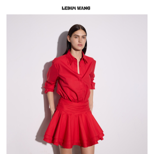 连衣裙女红色A摆收腰短裙2026早春新款 荷叶边衬衫 WANG法式 LEDIM