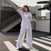 WANG 套装 海军风条纹衬衫 LEDIM 休闲裤 时尚 女宽松通勤2026春新款