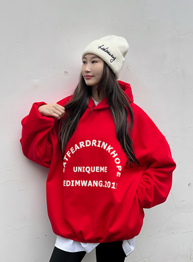 LEDIM WANG字母印花套头连帽卫衣女软糯舒适百搭红色外套秋冬新款