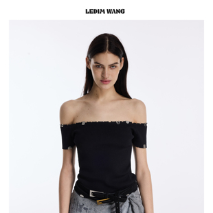 短袖 耀夜黑修身 上衣 WANG一字肩金属夹片T恤女2026春夏新款 LEDIM