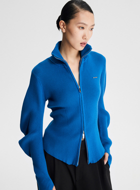 LEDIM WANG波浪袖拉链毛衣女时尚收腰显瘦小众设计高级感蓝色外套