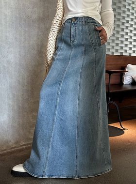 LEDIM WANG复古毛边牛仔半身裙女休闲百搭慵懒风显瘦新款气质长裙