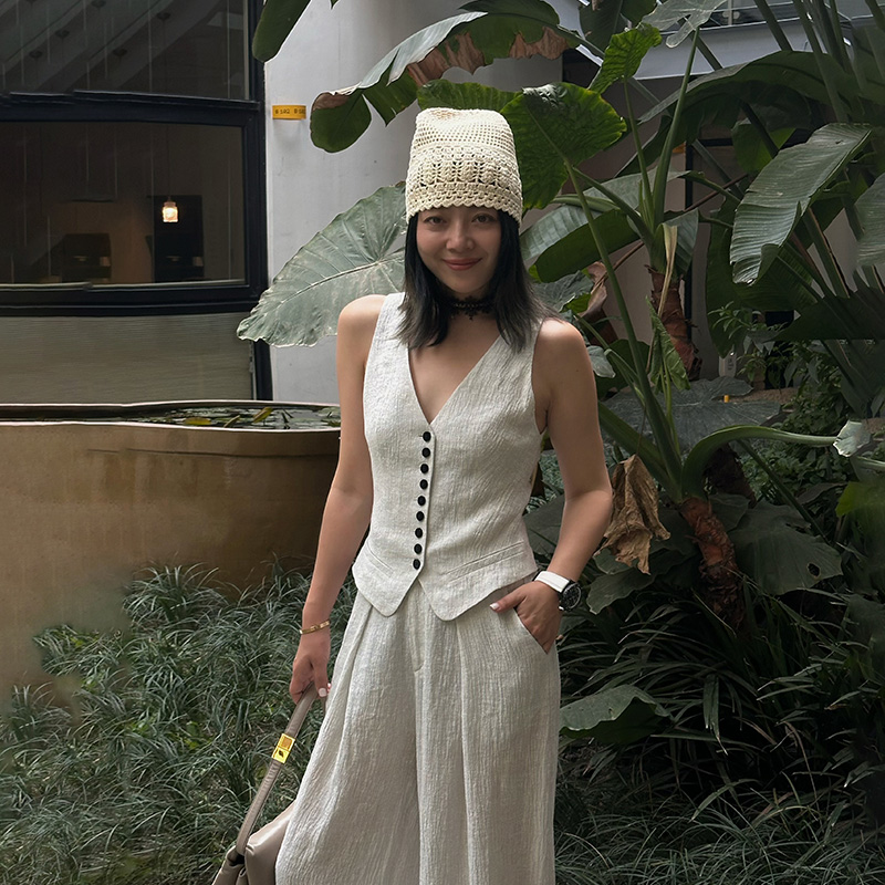 LEDIMWANG纯色亚麻老钱风马甲