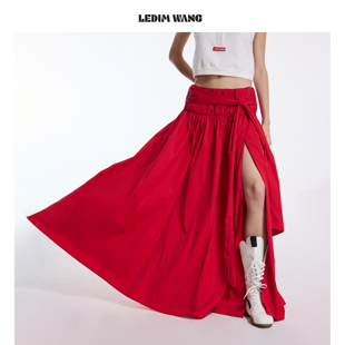LEDIM 不规则大摆A字长裙 WANG绑带开叉红色半身裙女2026春夏新款